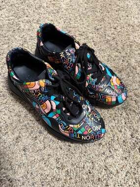 Authentic women’s The North Face x Gucci Rhyton Allover Logo Sneakers Black Mult